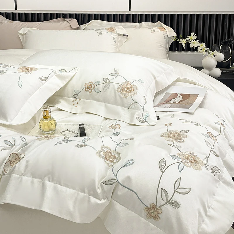 100% Egyptian Cotton Flowers Embroidery Luxury Bedding Set Double Queen King Size Duvet Cover Flat/Fitted Bed Sheet Pillowcases