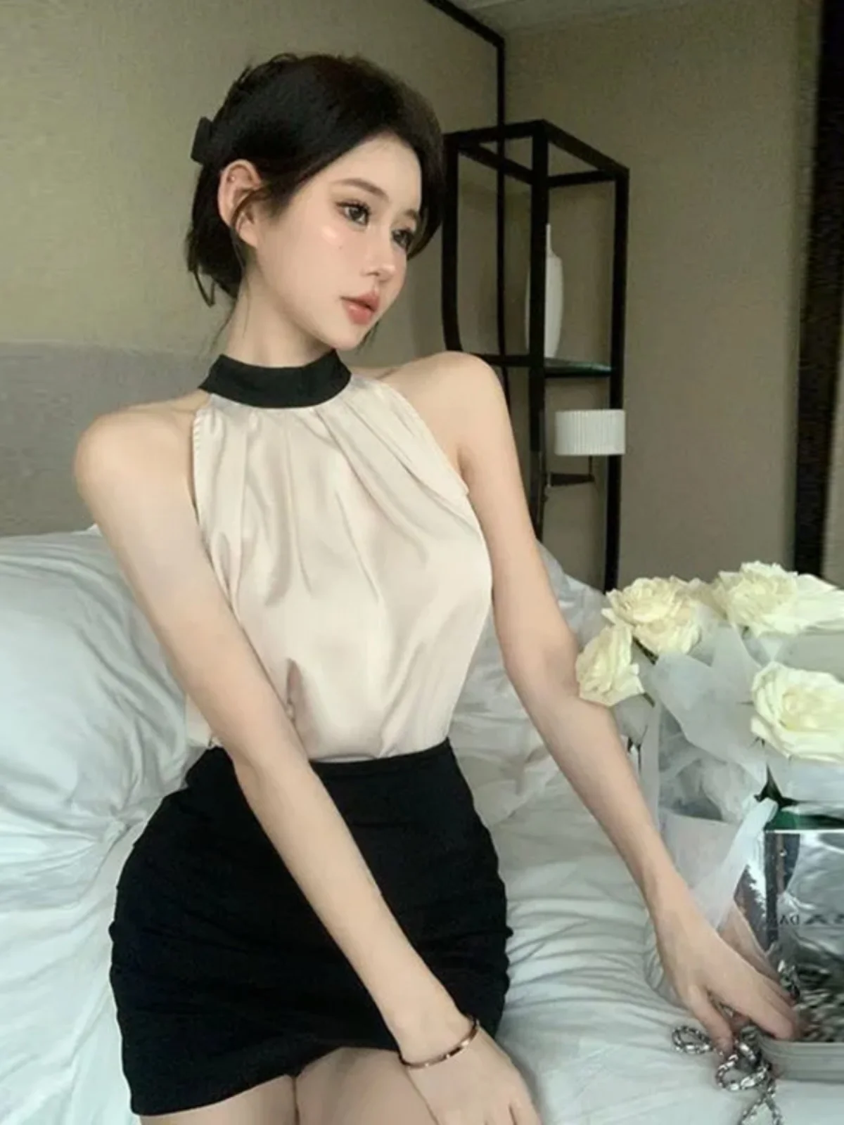 

Fashionable Shoulder-baring Neckline Two-piece Set for Women in Soft Beige Trendy Asymmetrical Skirt And Shirt Combo