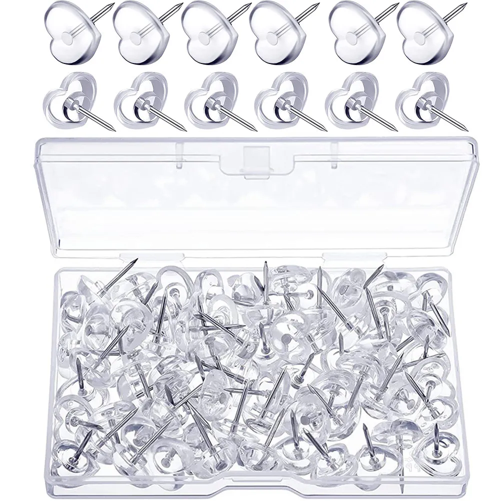 100Pcs Transparent Heart Shaped Push Pins Delicate Multi-Function Thumbtacks Map Accessories Daily Use Reusable Fixer
