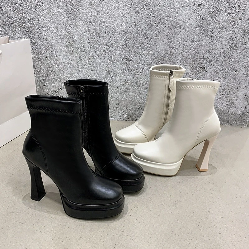 

New Stylish Platform High Heel Skinny Boots British Wind Versatile Square Toe Side Zipper Stiletto Heel Booties