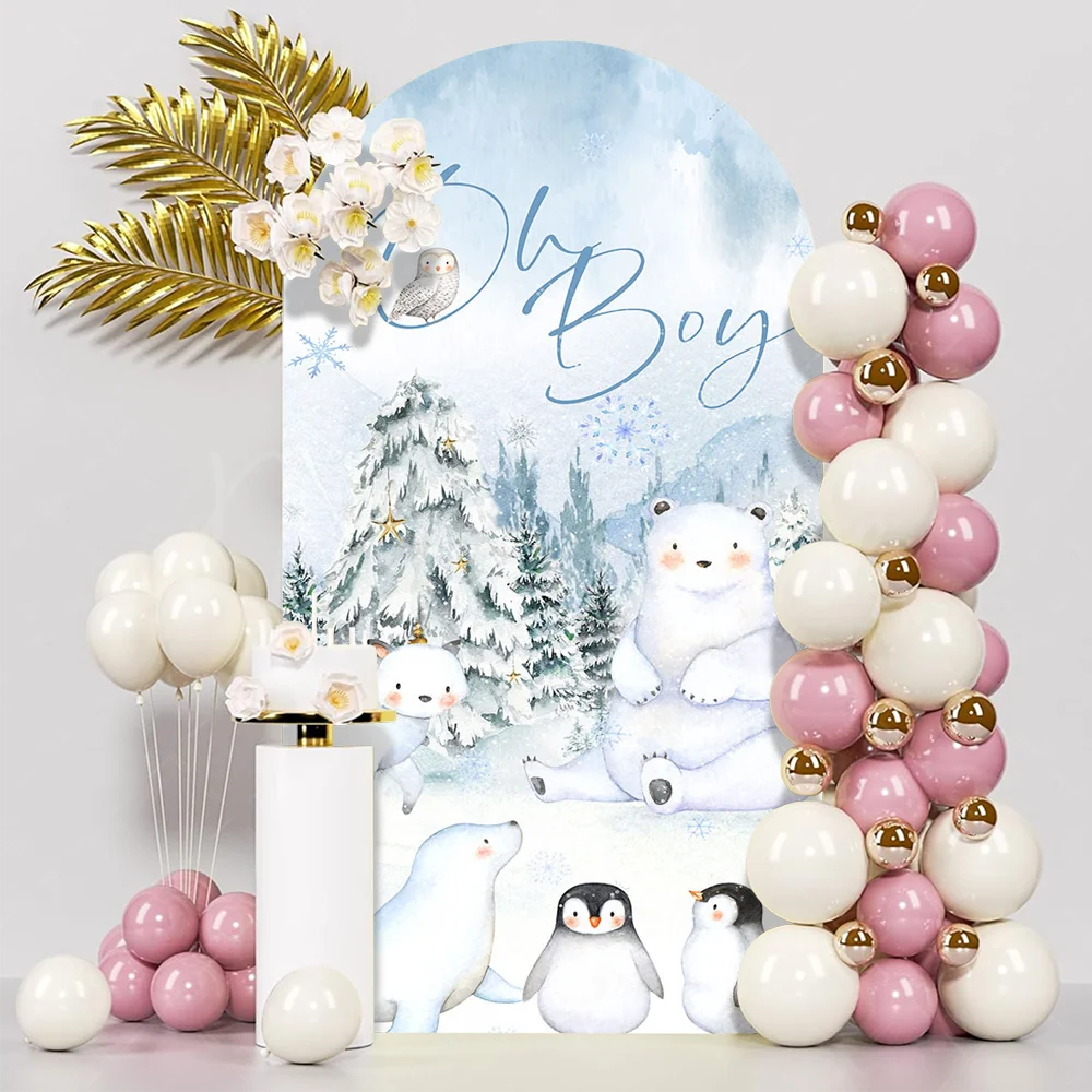 Oh Boy Baby Shower Backdrop Winter Woodland Background Polar Bear Penguin Island Snow Fox Forest Animals Neutral Gender Reveal