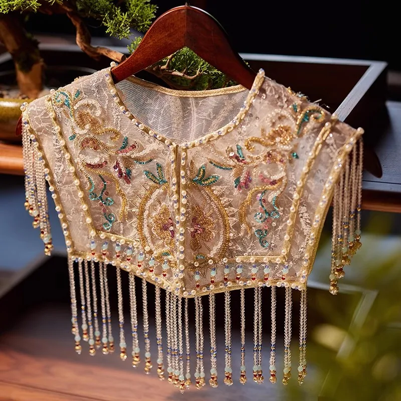 Women\'s Pearl Beaded Embroidery Luxury Tassel Pashmina Female Shawl Cloak R2655