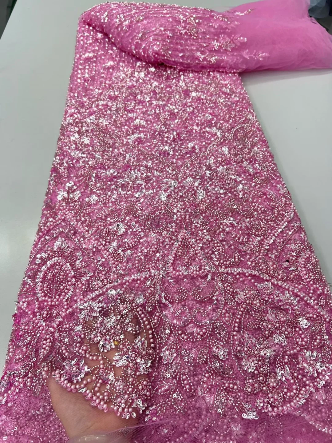 

Beautiful Nigerian Sequins Party Lace African Beads Lace Fabric 2026 High Quality 5Yards African French Tulle Net Lace Wedding