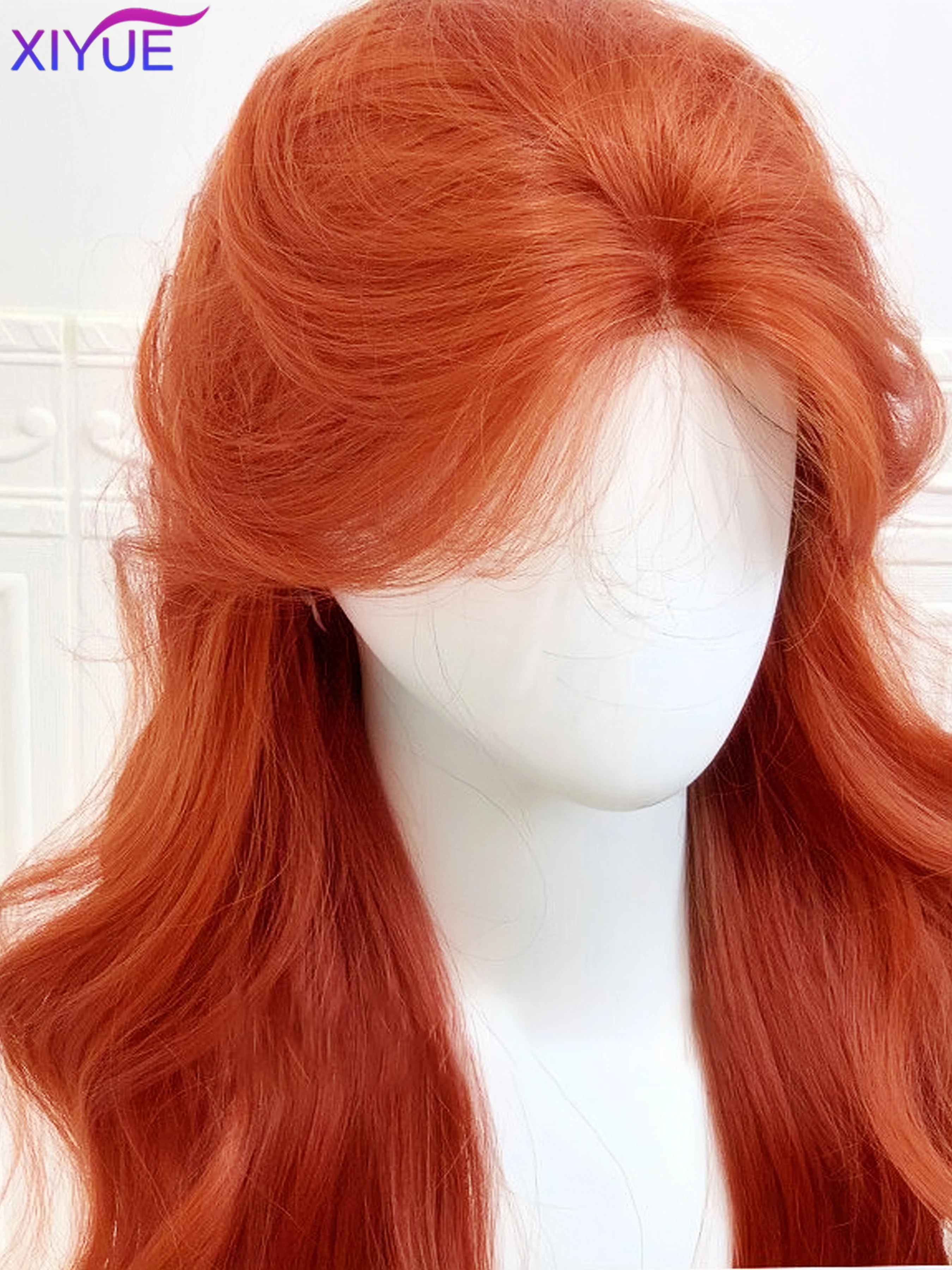 Pelucas delanteras de encaje sintético para mujer, pelo largo liso, rojo, marrón, cobre, jengibre, ondas naturales, con flequillo, Cosplay, resistente al calor