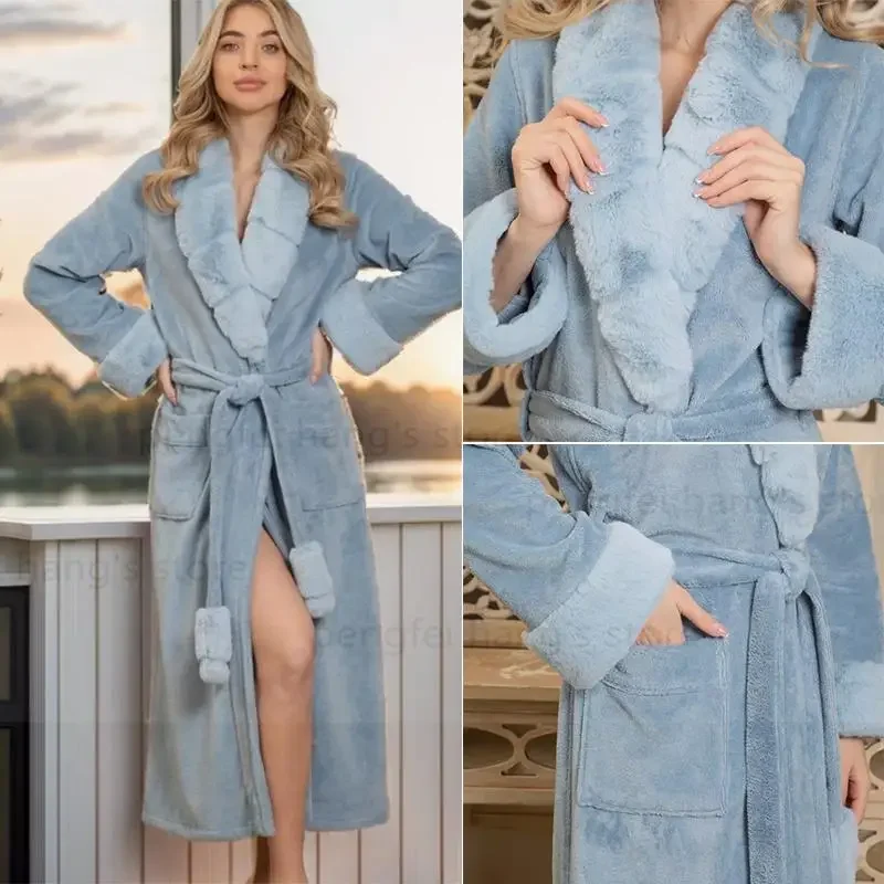 Winter Autumn New Shower Bathrobe Kimono Gown Thicken Warm Robe Women Lapel Sleepwear Soft Nightwear Lady Elegant Loungewear