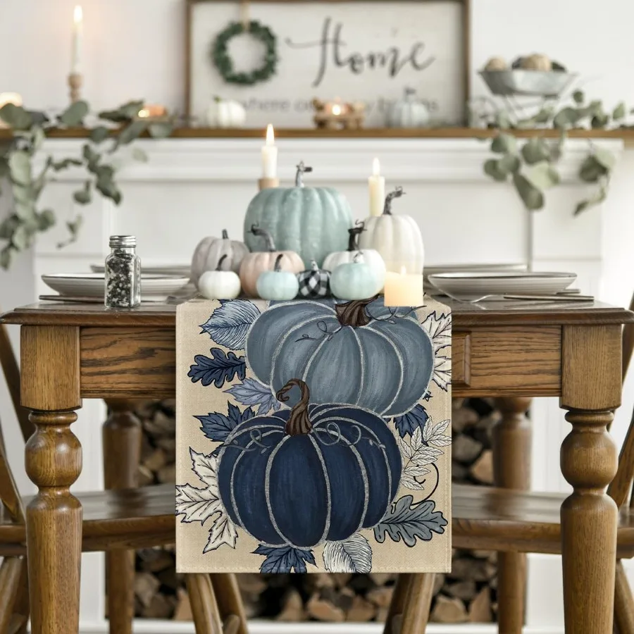 الأزرق والأبيض الخزف اليقطين الحبر 210 GSM الخريف الجدول عداء الموسمية الخريف المطبخ طاولة طعام الديكور للمنزل الطرف #2