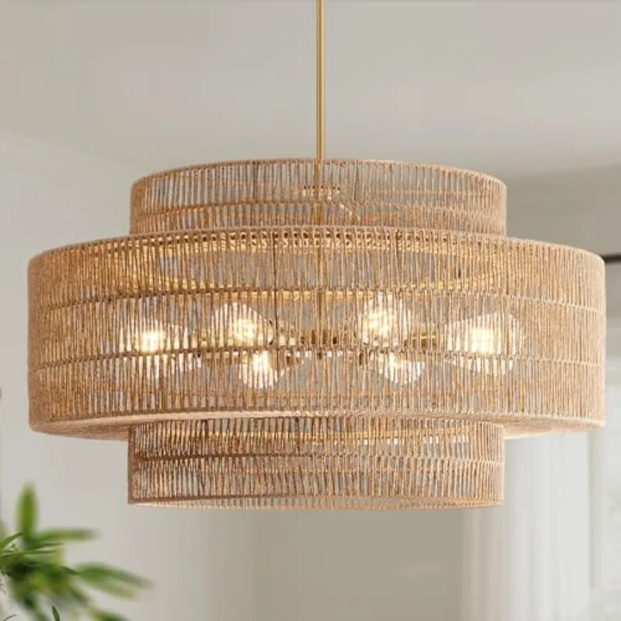 

30" Boho Rattan Chandelier Light Fixture, 8-Light Large Hand Woven Pendant Light Fixture Farmhouse Rustic Chandeliers for Dinin