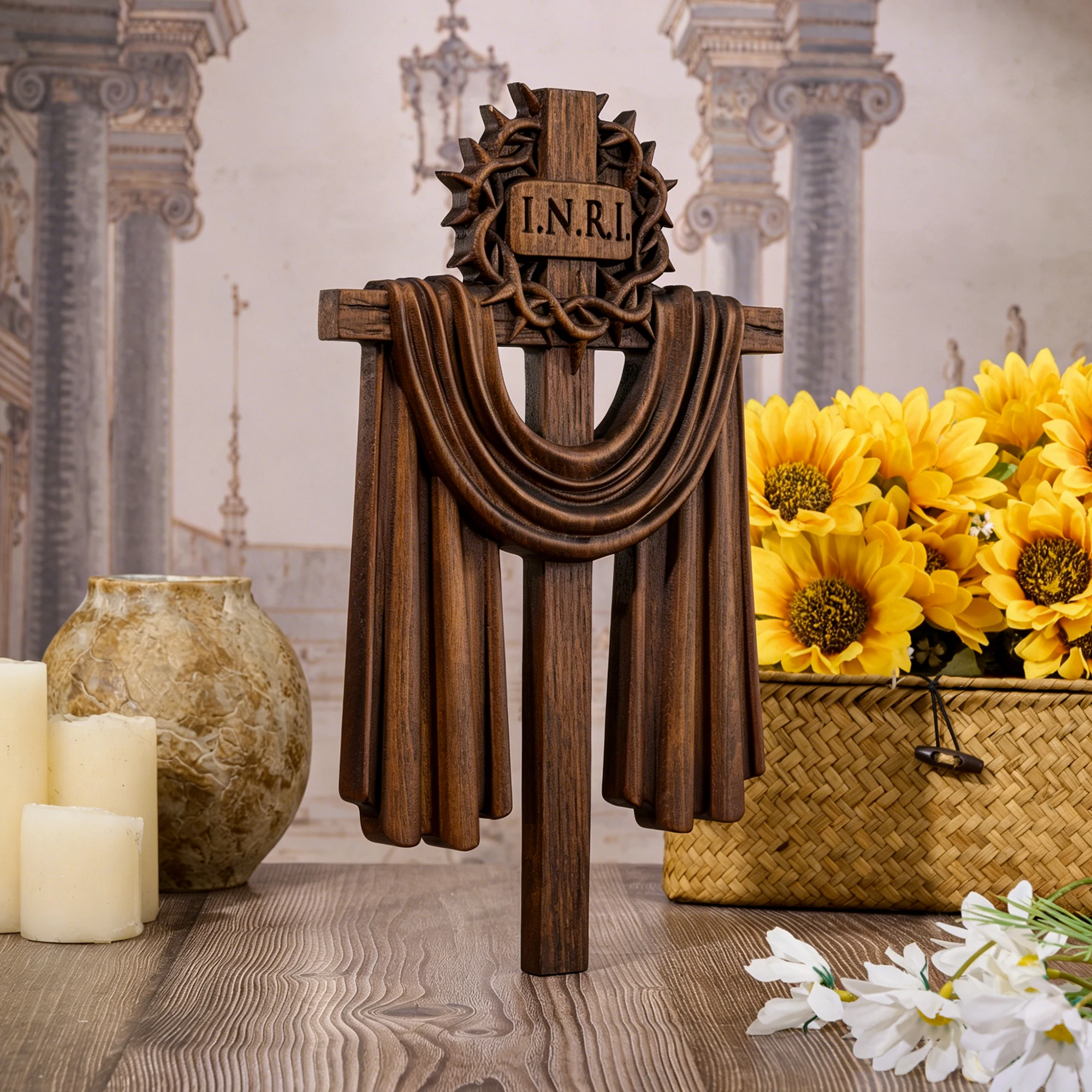 Thorn Crown Cross Sacred Witness: Handcrafted beechwood thorn crown and resurrection shawl cross