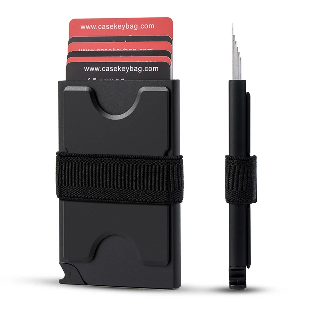 CASEKEY Blokowanie RFID Minimalistyczny metalowy portfel wyskakujący Smukły aluminiowy portfel z miejscem na karty z rozszerzalną płytką tylną mieści 12 kart