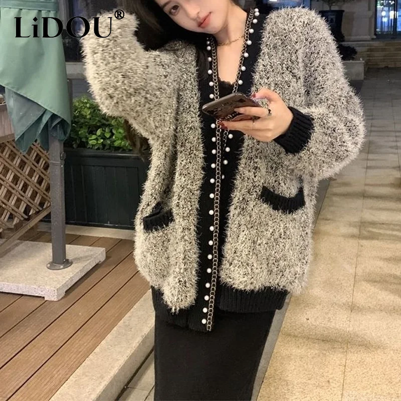 2023 Autumn Winter New Solid Color V-neck Long Sleeve Sweater Women Fashion Embroidered Flares Chains Y2K All-match Cardigan