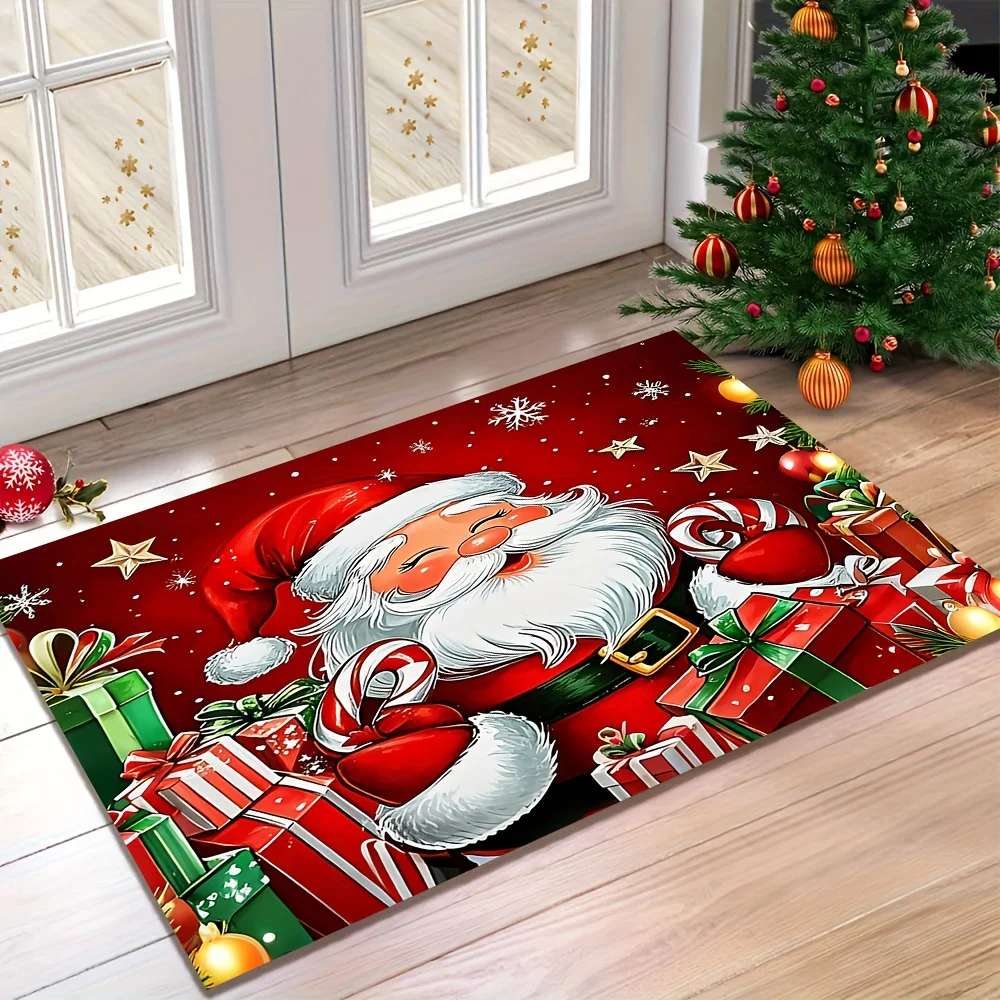 VIKAMA Santa Claus Gift Box Christmas Doormat Non Slip Easy Care Front Door Entryway Floor Mat Christmas Holiday Home Decor