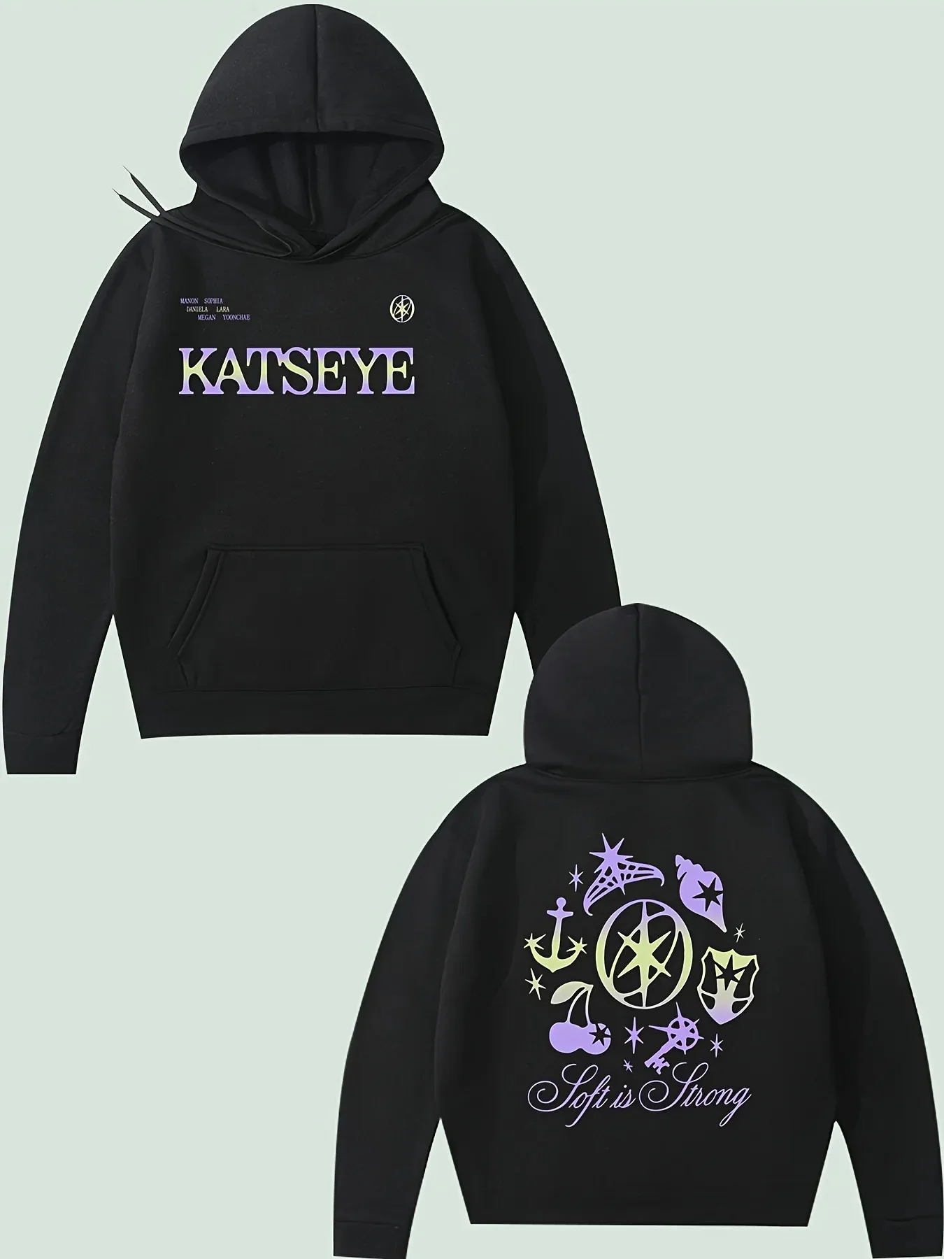 

Двусторонняя толстовка KATSEYE — текст с градиентом спереди «KATSEYE» + имена участников, декоративный узор сзади + надпись «Soft is Strong» EP