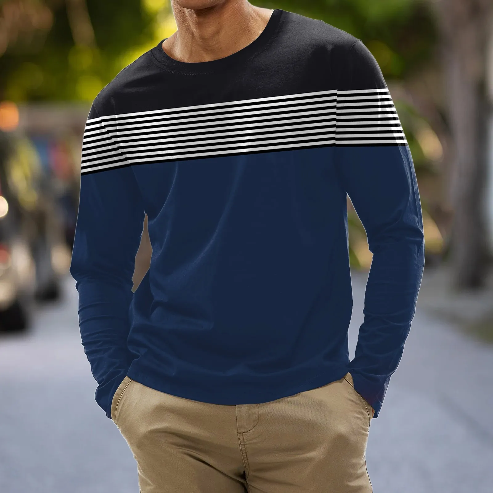 New Ventilate Stripe T Shirt For Mens Long Sleeve Top O-Neck Pullover Oversized Autumn Clothing Sports Casual Male mens clothing