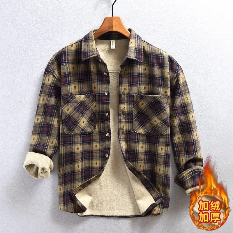 

Новые зимние рубашки мужские повседневные теплые мужские рубашки с лацканами и двойными карманами свободная флисовая рубашка японская винтажная клетчатая рубашка с длинным рукавом