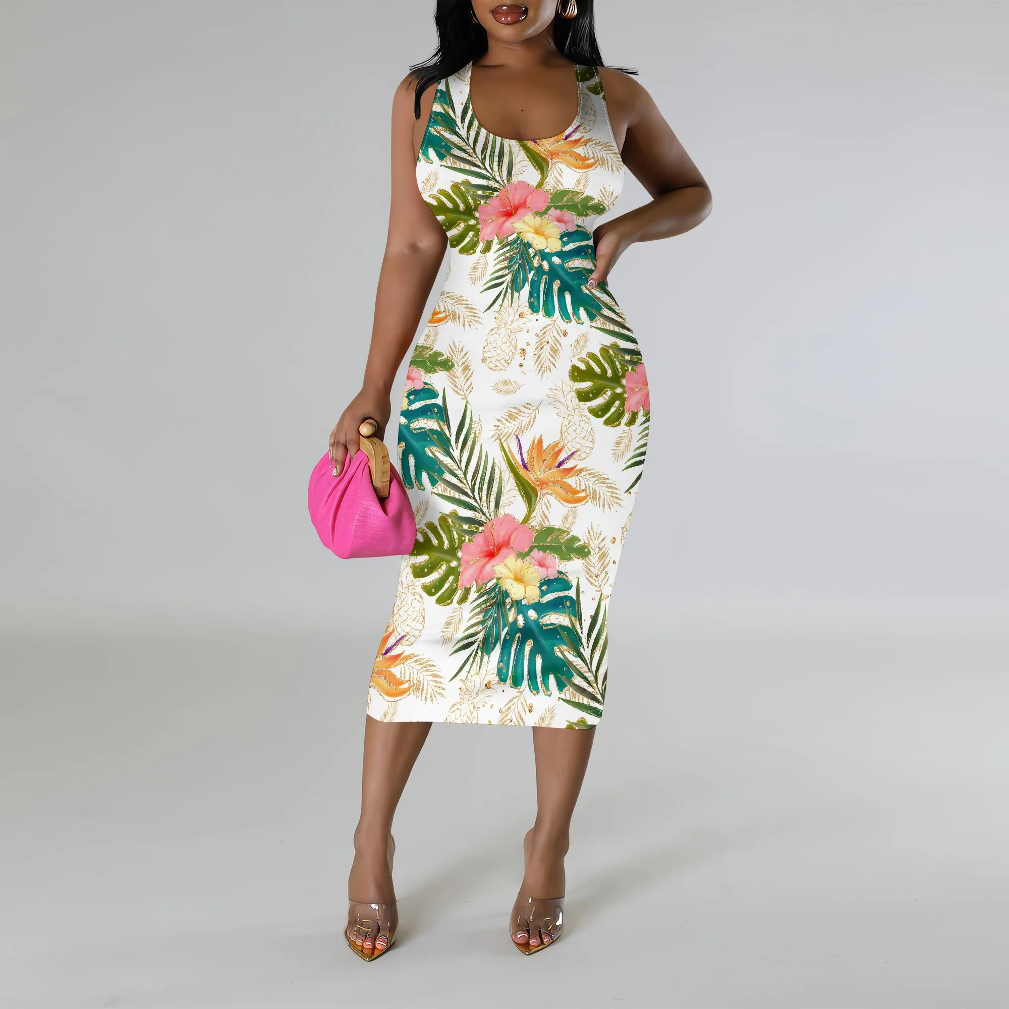 

Plus Size Tropical Floral Print Sleeveless Bodycon Midi Dress Summer Beachwear for Women