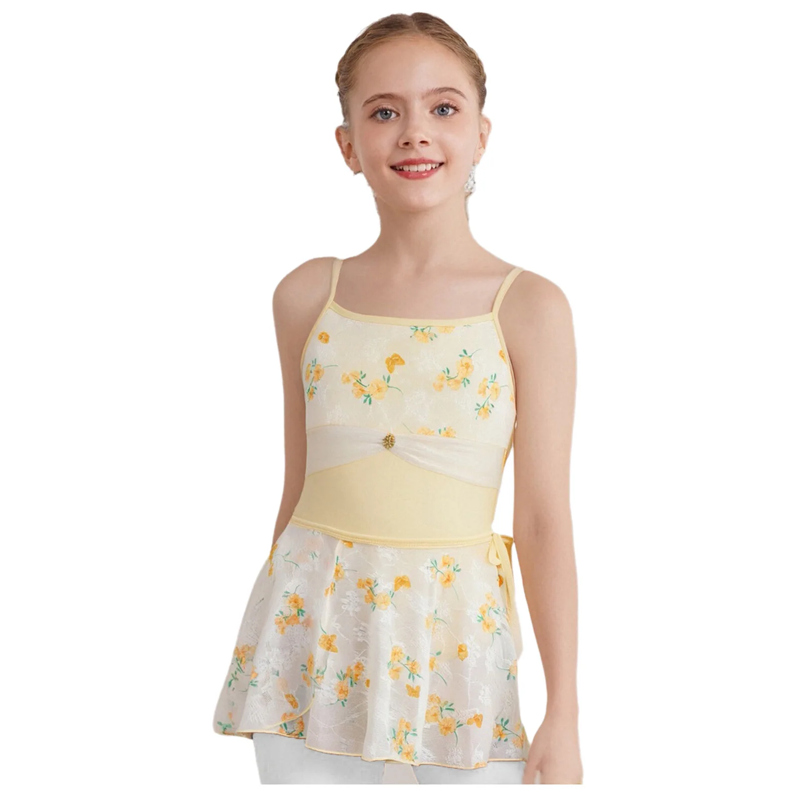 

Kids Girls Ballet Gymnastics Dance Warm-up Practicing Costume Floral Printed Stretchy Leotard with Lace-up Skirt Ballet Costumes