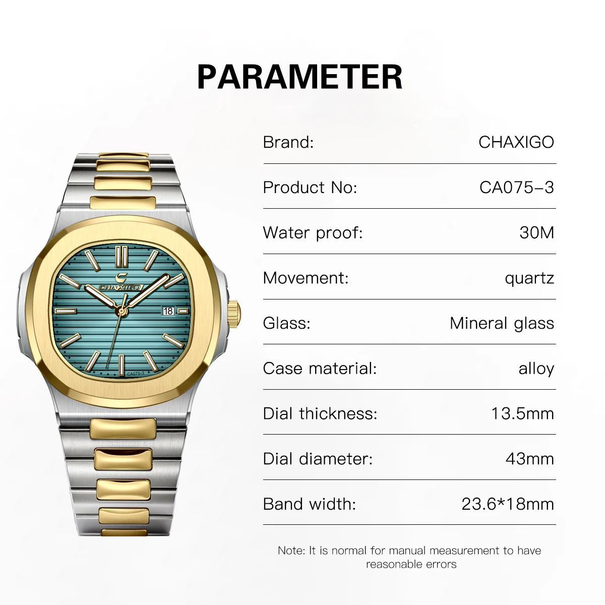 CHAXIGO Masculino Clássico Negócios Casual Pulseira de Aço Inoxidável Relógio de Quartzo Vidro Mineral Display Luminoso Relógio Vestido À Prova D 'Água