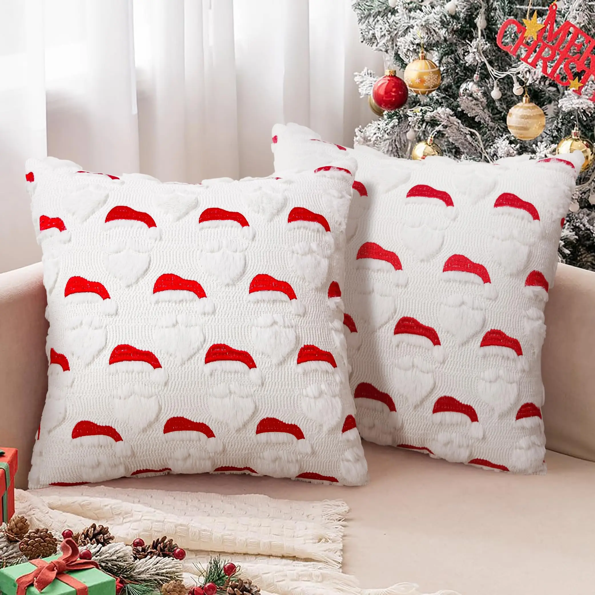 Weihnachts-Kissenbezüge, 45,7 x 45,7 cm, Jacquard, 3D-Weihnachtsstickerei, Kunstpelz, Kissenbezug, Winterurlaub, Kissenbezüge