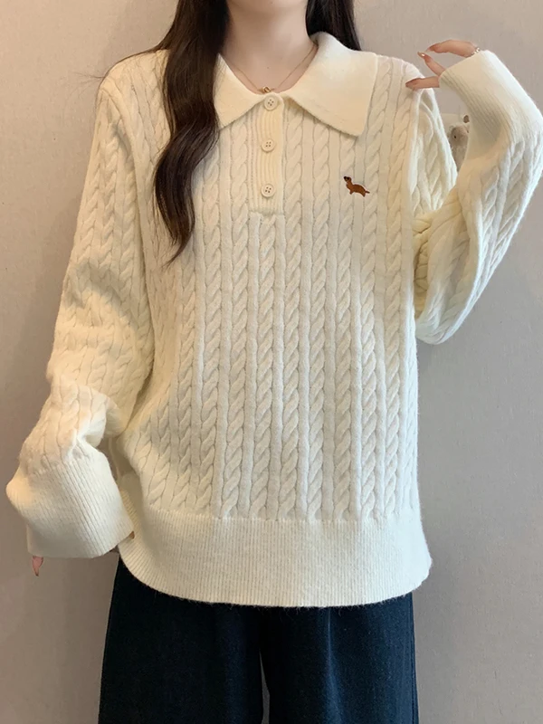 

plus Size Lazy Knit Sweater Women's Autumn Winter Collar Embroidered Casual Loose Fit High Waist Long Sve Cotton Blend