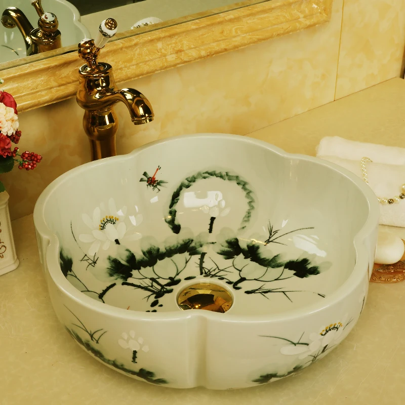 

China Artistic Handmade Ceramic wash basin flower shape Counter top countertop blue porcelain Ceramic wash basin bathroom sink