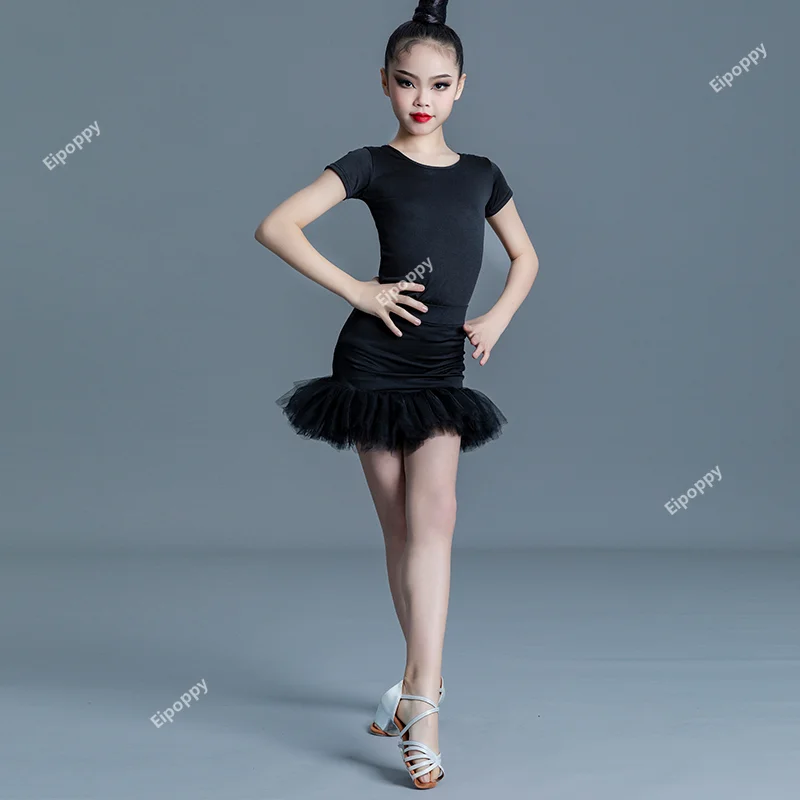 

Latin Dance Clothes Girls Summer Split Suit Black Children Competition Rules Training Clothes Latin Skirt Children