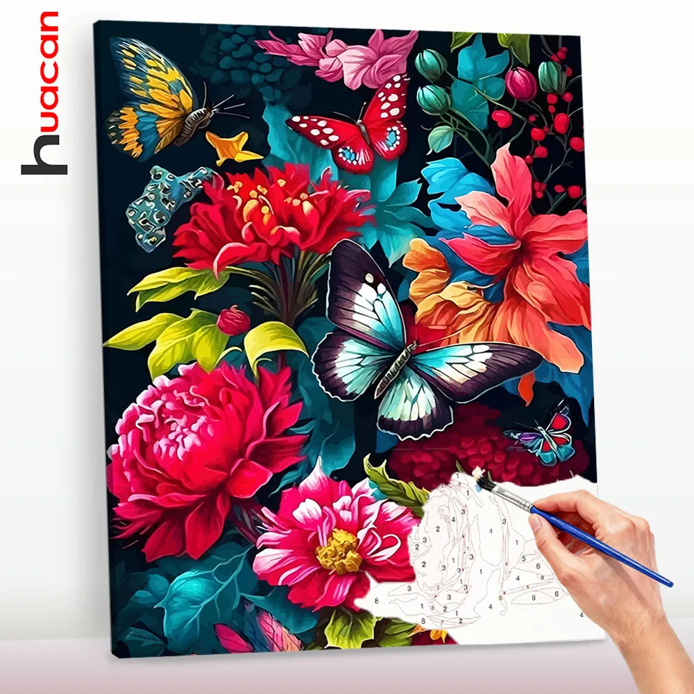 Huacan Malen nach Zahlen Blumen Schmetterling Erwachsenen-Set DIY Tier-Malerei Kunstwerk Personalisiertes Geschenk für Zuhause