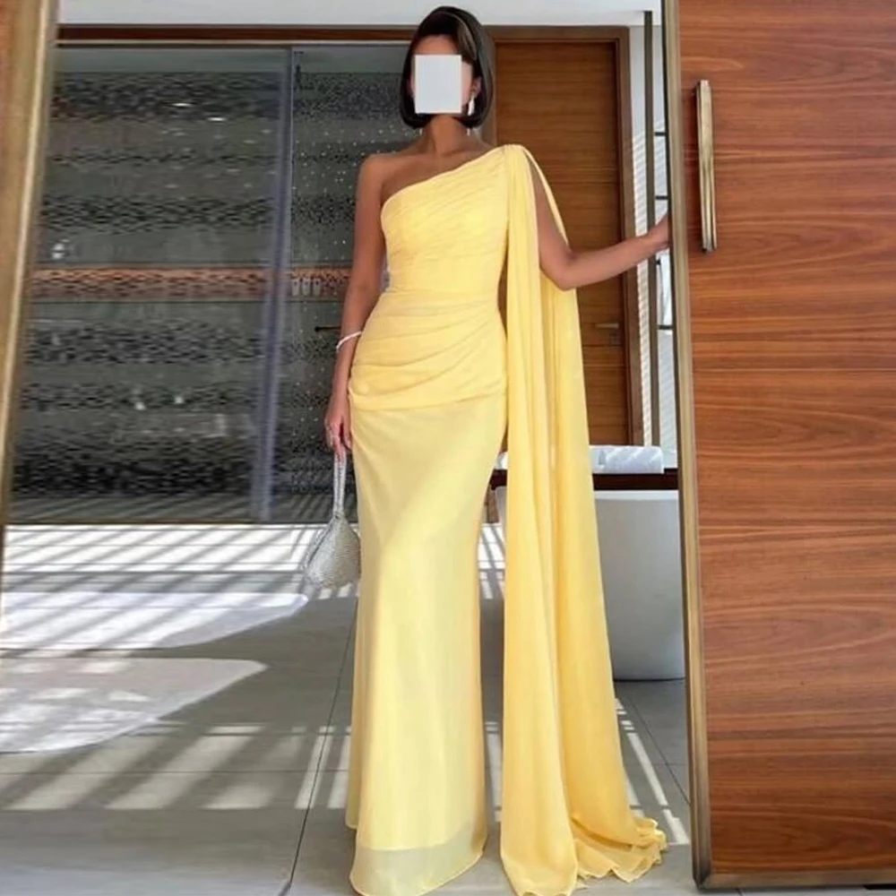 

Formal Prom Gowns for Ladies Saudi Arabia Jersey Sheath/Column Evening Dress Yellow One-shoulder Cloak Sleeves Pleat Party Gown