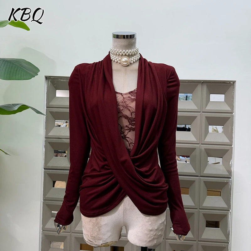 بلوزة تونيك فضفاضة قابلة للطي أنيقة متينة من KBQ للنساء على شكل حرف V ورقبة عميقة وأكمام طويلة قميص بمزاجية للسيدات على الموضة جديد