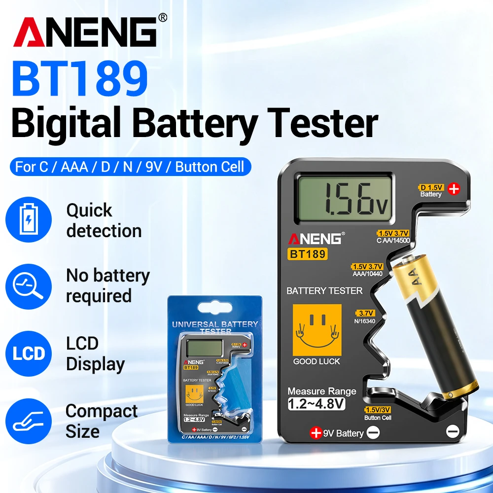 ANENG BT189 Digital Battery Tester 1.2-4.8V LCD For AA AAA 9V Button Cell 14500 Multi Size Dry Battery Power Check Detector Tool