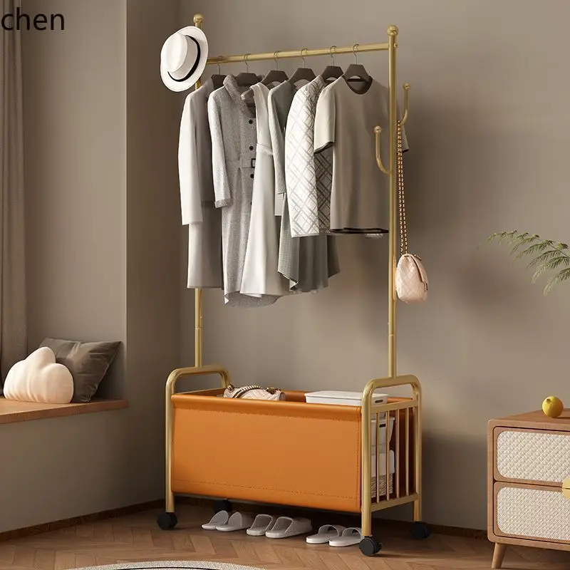 HT Vintage Style Leather Frame Clothes Rack Movable Multifunctional with Dirty Laundry Basket Clothes Storage Rack