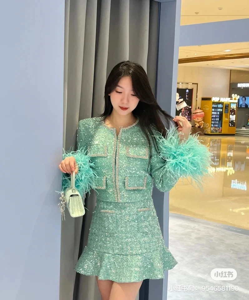 2024SS Spring Luxury New Women High Quality Feathers Sequined Tweed Jacket Coat With A-Line Suits Sets for Lady