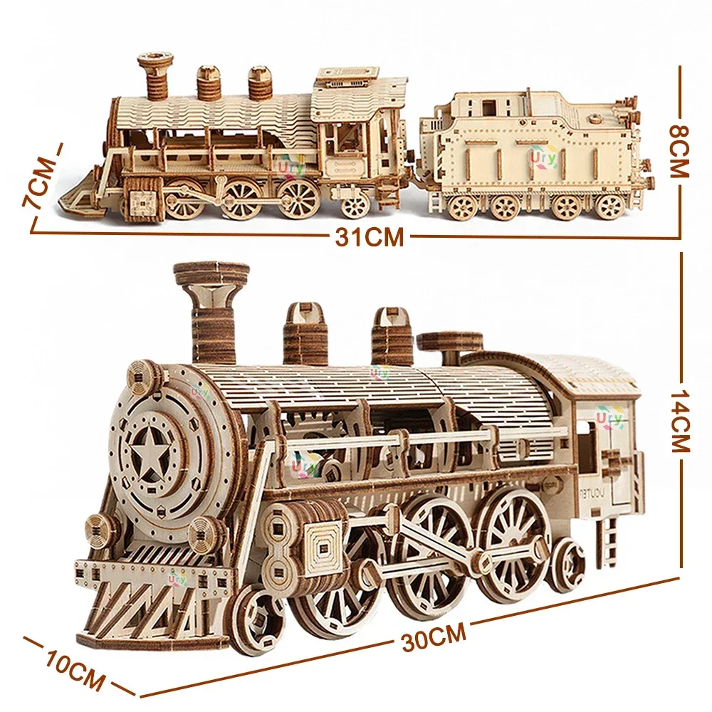 Ury 3D Wooden Puzzle Movable Retro Steam Train Double-decker Bus Handmade Assembly Truck Model DIY Toys Decoration Gift for Kids