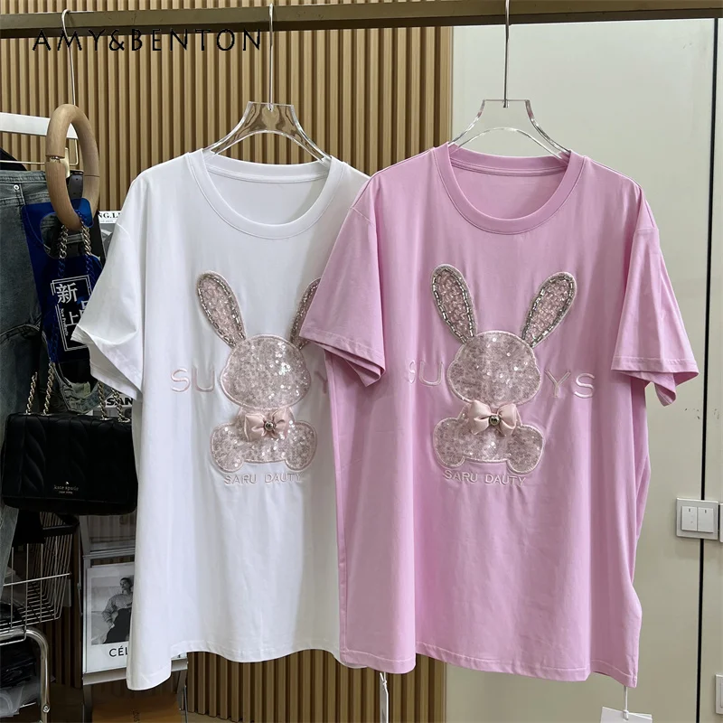 

Summer New High-End Heavy Industry T-shirt Female Cartoon Age-Reducing Heavy Industry Cartoon Loose Slimming Mid-Length T Shirts