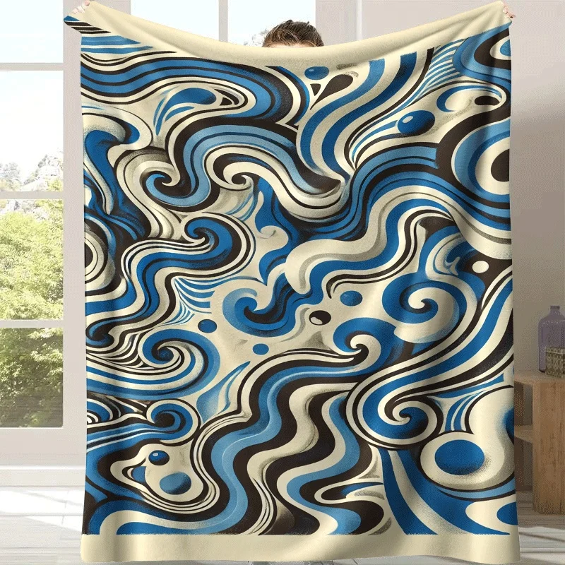 Cream Beige Background Full Print Abstract Fluid Blue Black Swirl Wave Lines Fluffy Blanket Soft Warm Cover For Couch Decor Gift