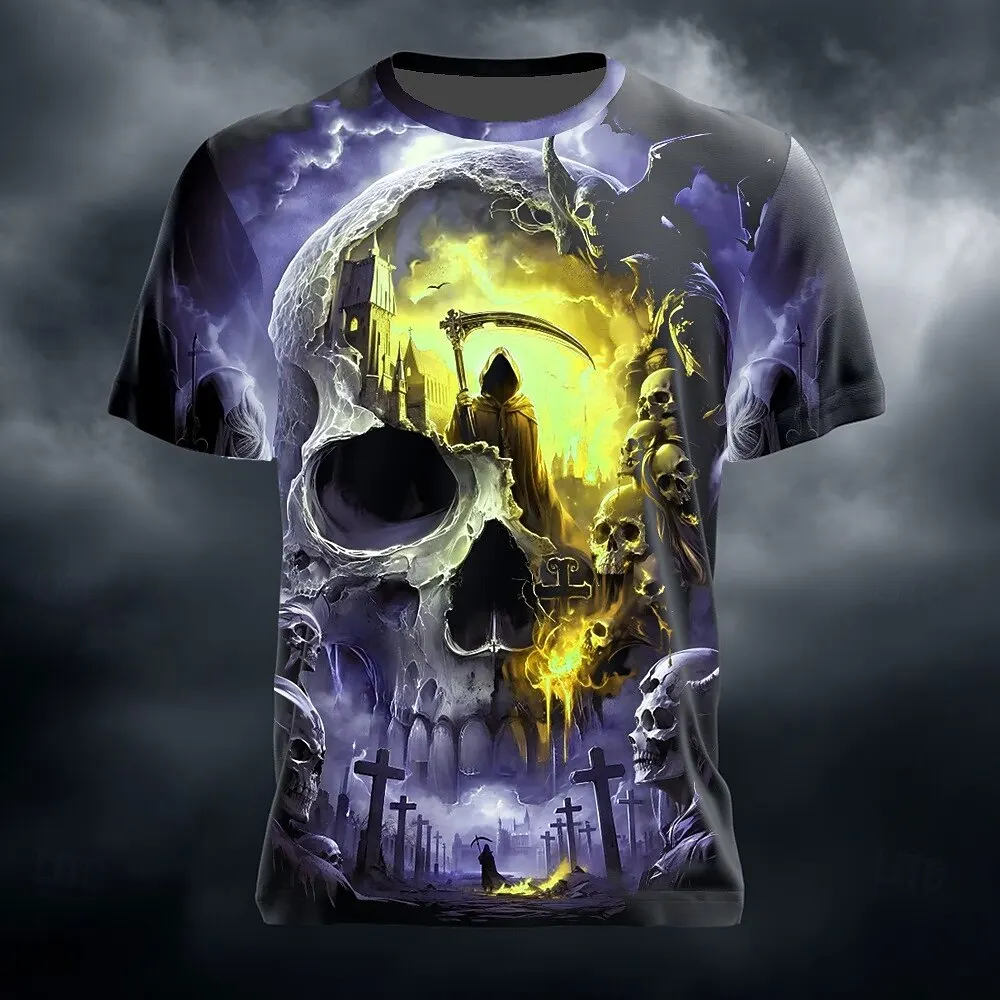 Men's Skull 3D Grim Reaper T-Shirt Vintage Gothic Cool Daily T shirt Outdoor Street Personality Short Sleeve Top Summer Clothing