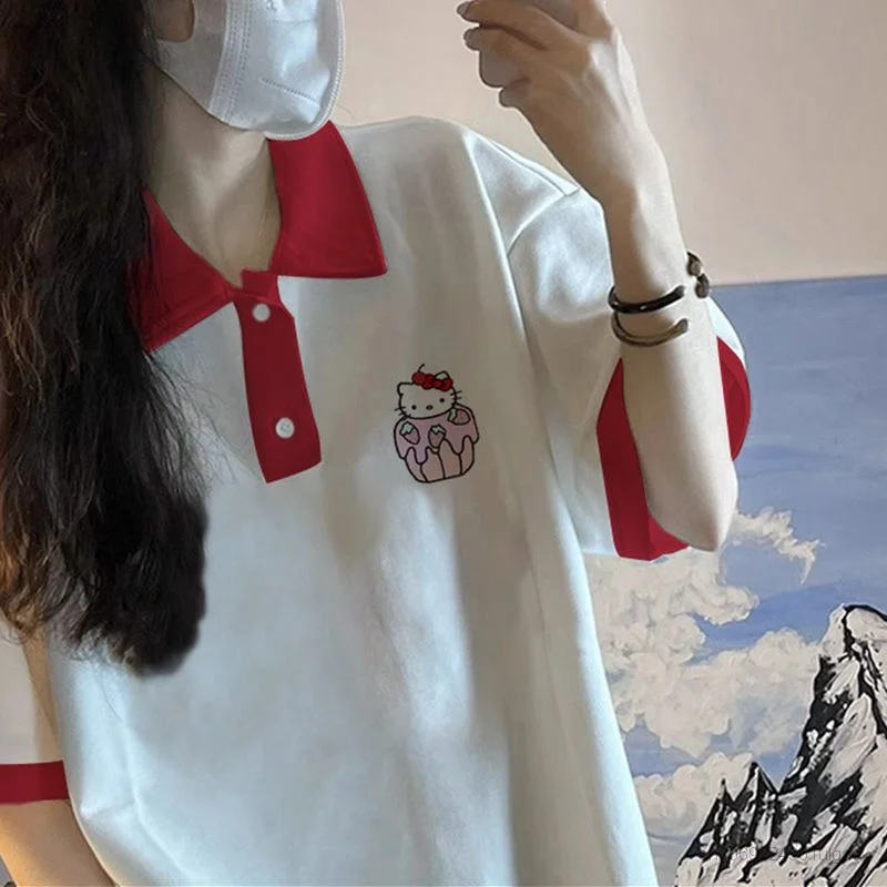 Sanrio Hello Kitty t-shirt manica corta donna estate nuove magliette Polo Y2k Top magliette oversize abbigliamento donna stile College