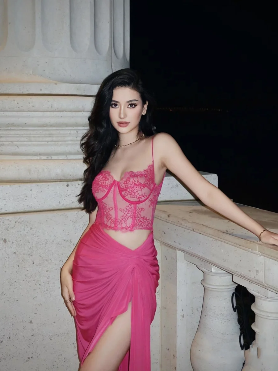 

Thai Vietnamese Design Sensual Lace Strap Vest High Waist Pleated Split Skirt Two Piece Set Evening Dr