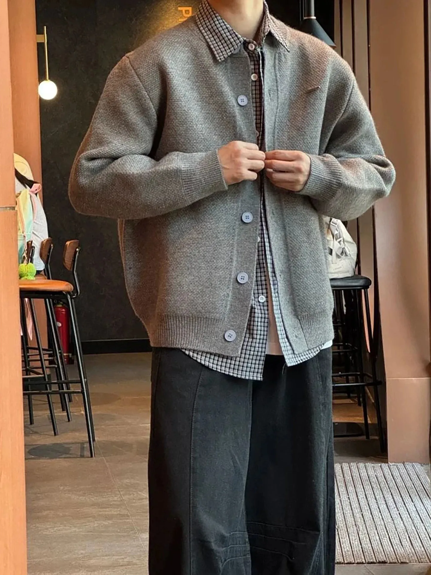  Plaid Splicing Knitted Cardigan Coat Men's Loose Casual Style Winter Sweater with Buttons Cleanfit Knitwear