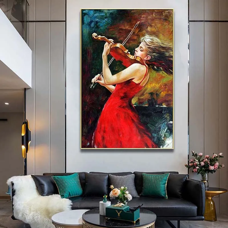 Handmade figure painting,Beautiful girl playing violin,Russian canvas painting art,Restaurant and living room decoration picture