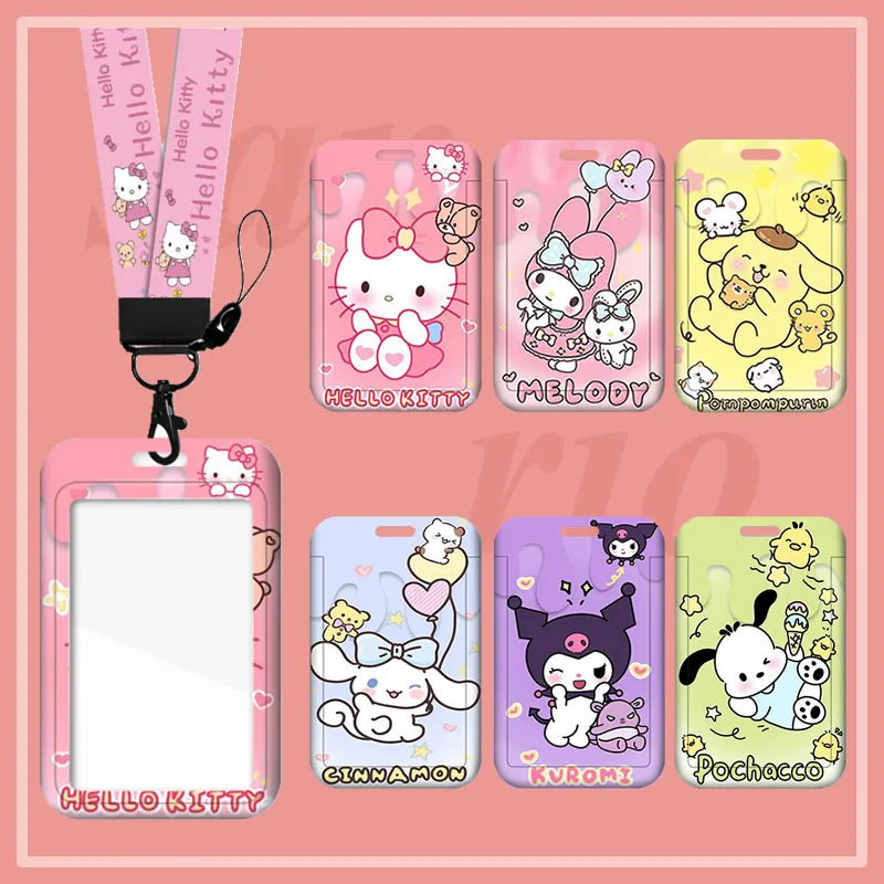 Sanrio Lanyard Card Case Cartoon Hello Kitty IDCard Holder Bus Subway Access Work Permit Card Sleeve Neck Strap Hang Rope Lariat