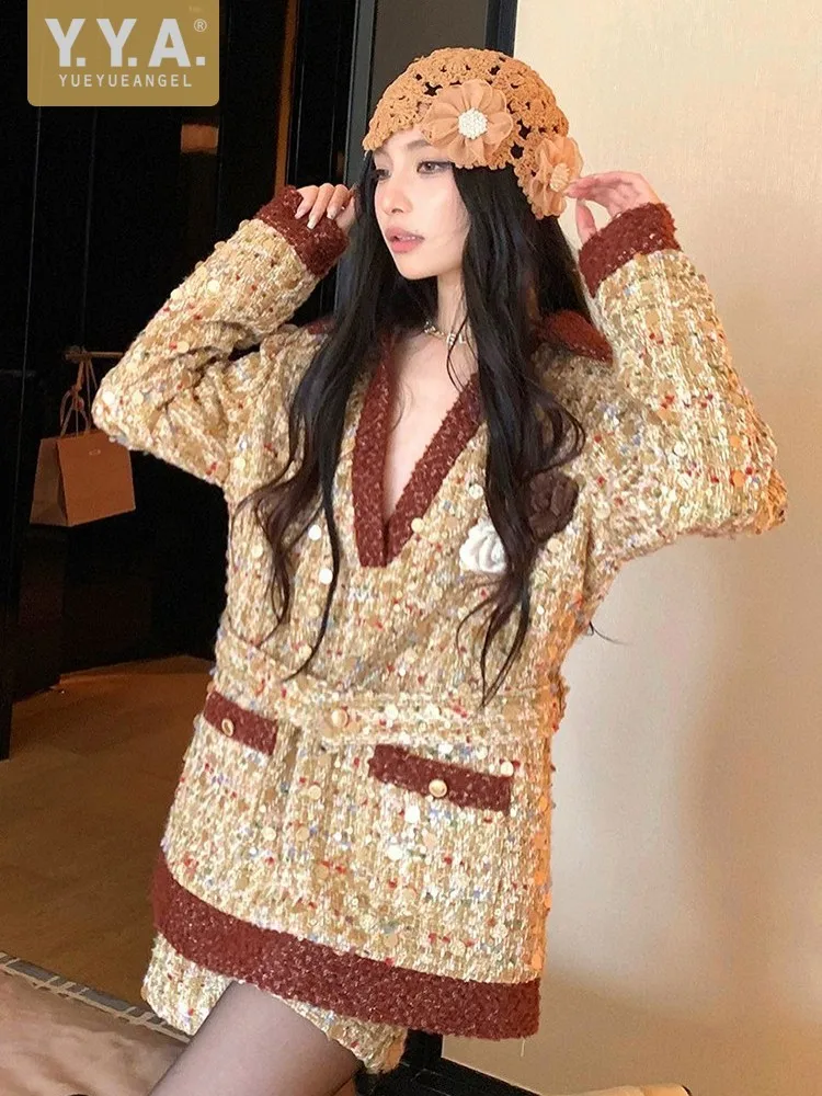 Fashion Women New Auutmn Winter Sweet V Neck Spliced Single Breasted Tweed Long Sleeves Jacket Shorts Offce Ladies Two Piece Set