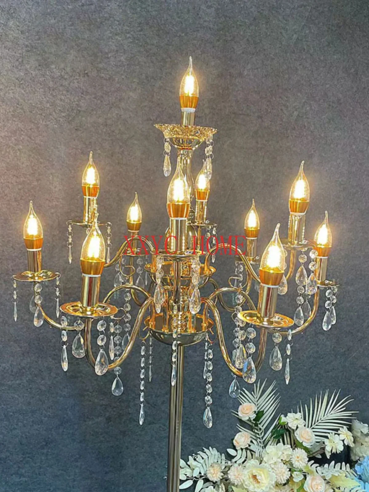 Stage Layout Wrought Iron Plating Golden Multi-Head Crystal Road Lead Lamp Vertical T-Stage Decorative Lamp