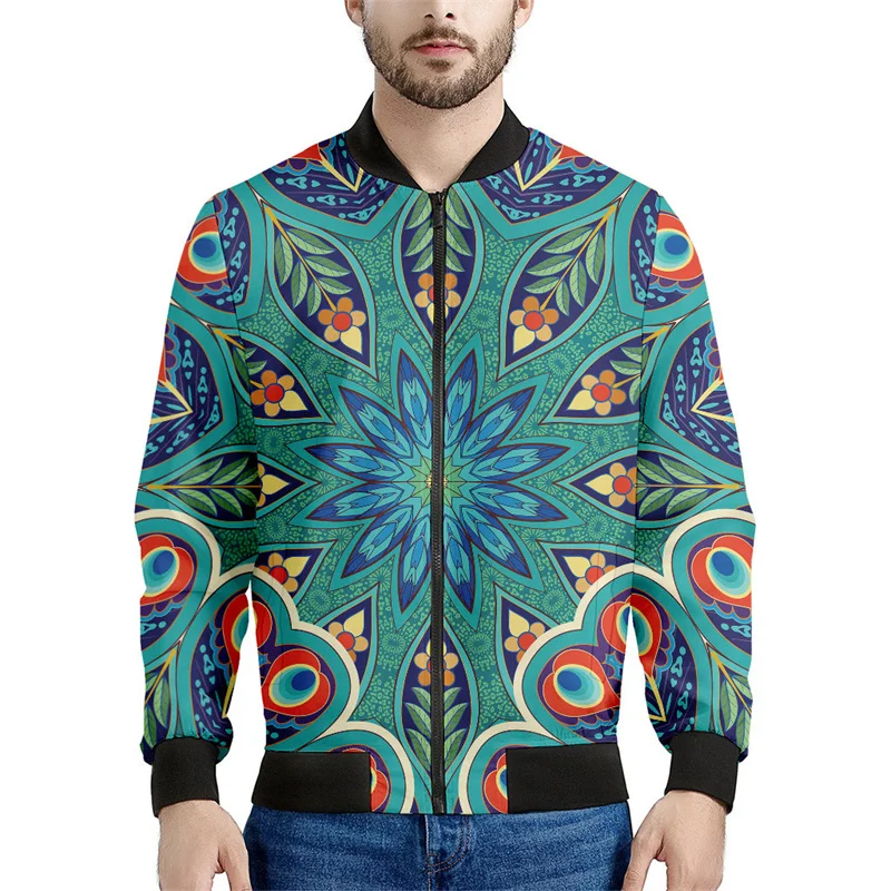 Peacock Feather Floral Pattern Print Men's Bomber Jacket 3d Long Sleeve Sweatshirt Cool Street Bomber Zipper Jacket Coat