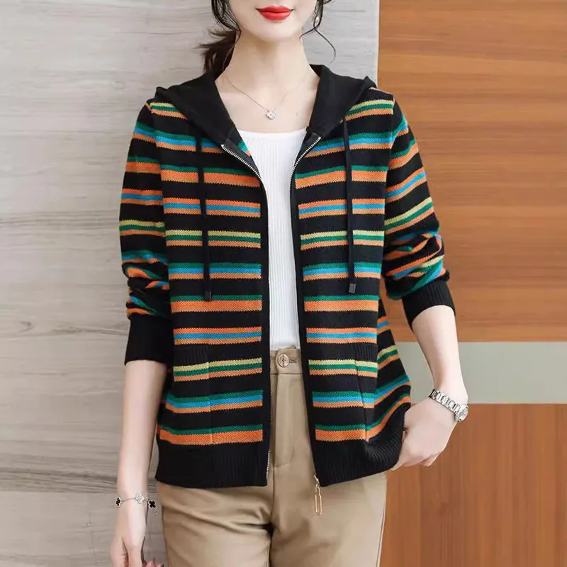 

Свитер, женское пальто, тенденции 2025, модный полосатый кардиган с капюшоном, джемпер, новая вязаная женская одежда, трикотажная куртка с длинными рукавами