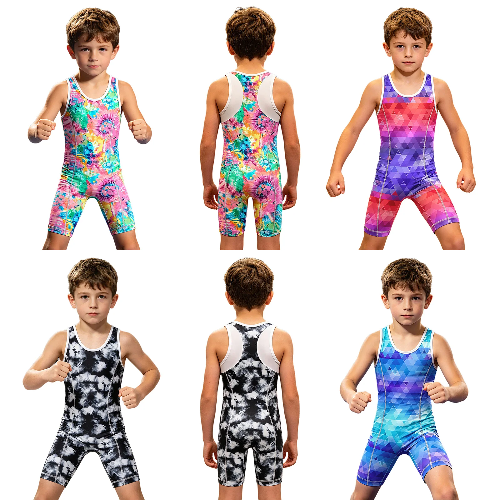 Kids Boys Printed Wrestling Singlet Sleeveless Quick-drying Thigh Length Jumpsuit for Dance Rehearsal Acro Performance Costume