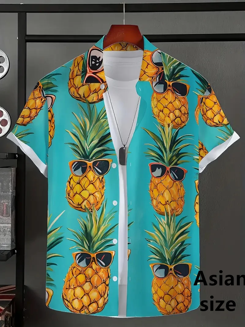 

Мужская рубашка с забавными фруктами и ананасом, летняя рубашка Aloha, повседневная праздничная летняя рубашка на пуговицах с лацканами и короткими рукавами, быстросохнущая мужская блузка Y2k