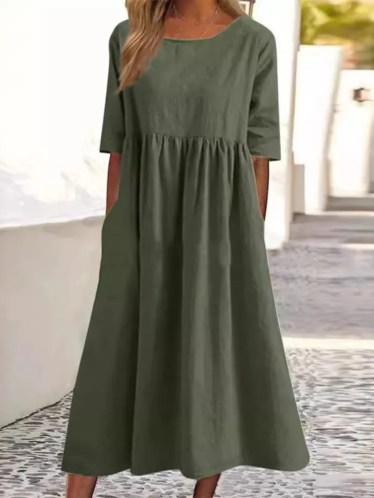 Casual Loose Long Solid Color Cotton Blend Long Dress For Women Spring Summer Fashion O Neck Half Sleeve Maxi Dresses Robe Femme