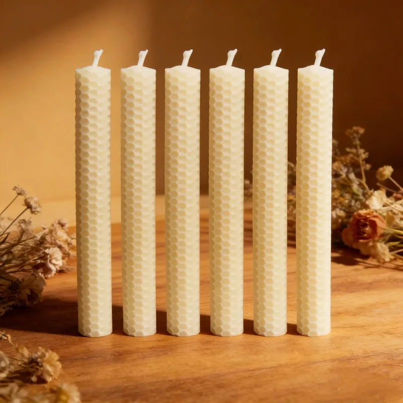 6pcs cream white beeswax taper candles set, 20x1.5cm, suitable for everyday use, church, home decoration, and weddings