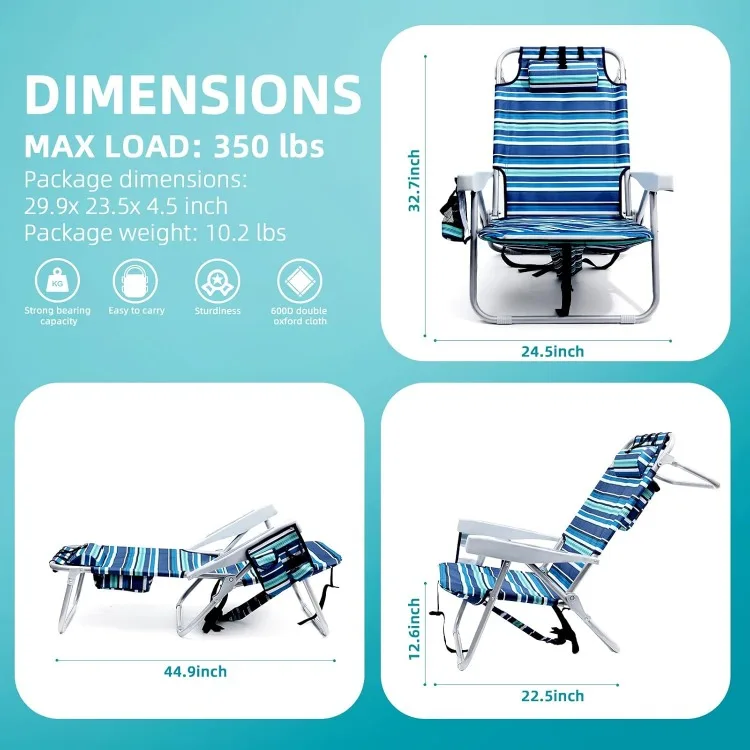 Beach Chairs for Adults Heavy Duty, Compact Portable Lay Flat Folding Beach Chair with Backpack Straps and Large Cooler Pouch