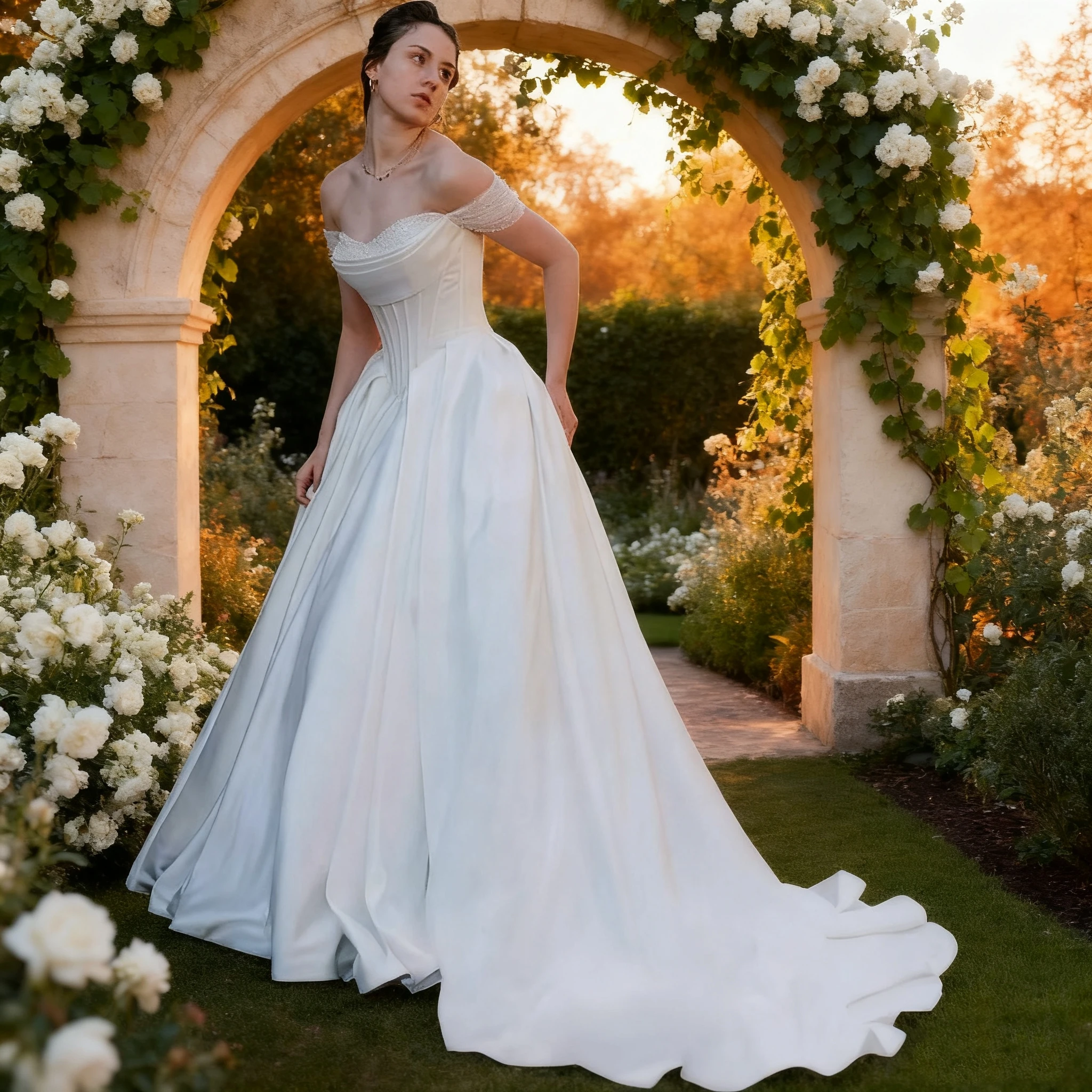 Abiti da sposa con perle con spalle scoperte per la sposa Abito da ballo da sposa plissettato in raso a trapezio con scollo a cuore